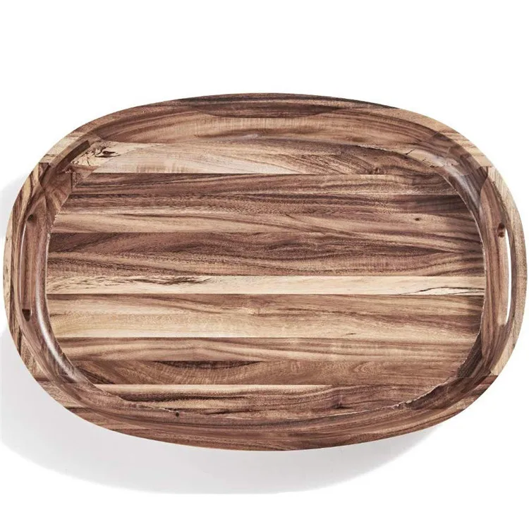 Custom Tableware Elegant Curved Design Oval Structure Crafted Natural Solid Wood Serving Tray Plant Wooden Trays