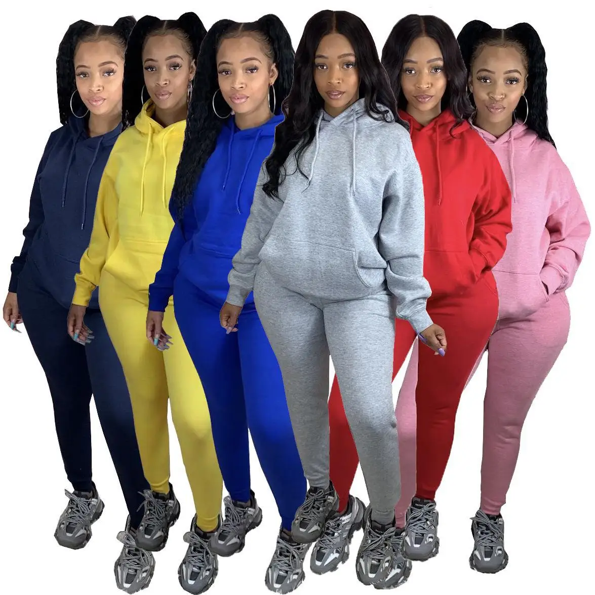 Trendy Casual Sports Multiple Color Plain Women Sweatpants And Hoodie Set