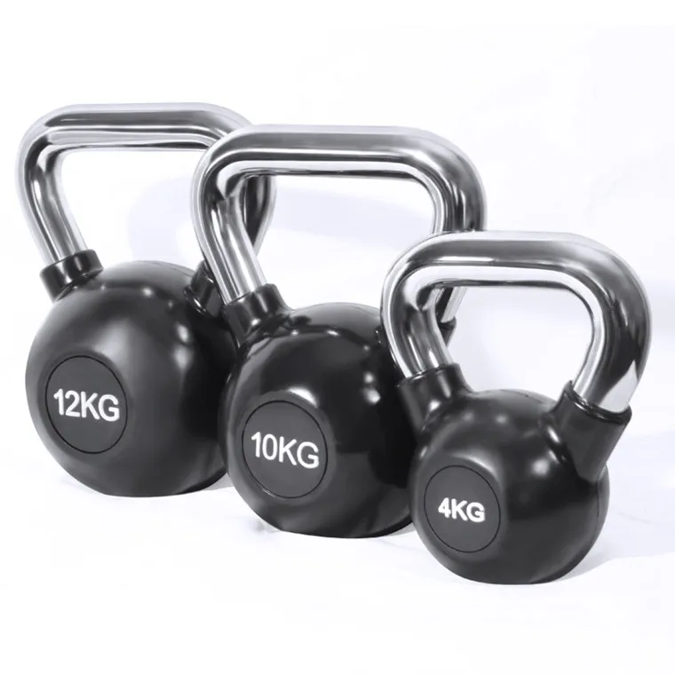 Black Rubber Coated Kettlebell With Chrome Handle Custom Logo Cast Iron Solid Kettlebell With Chromed Grip