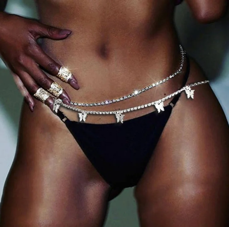 Fashion Bling Rhinestone Butterfly Charm With Crystal Chain Belly Waist Chain Jewelry Women Butterfly Waist Chain Body Jewelry