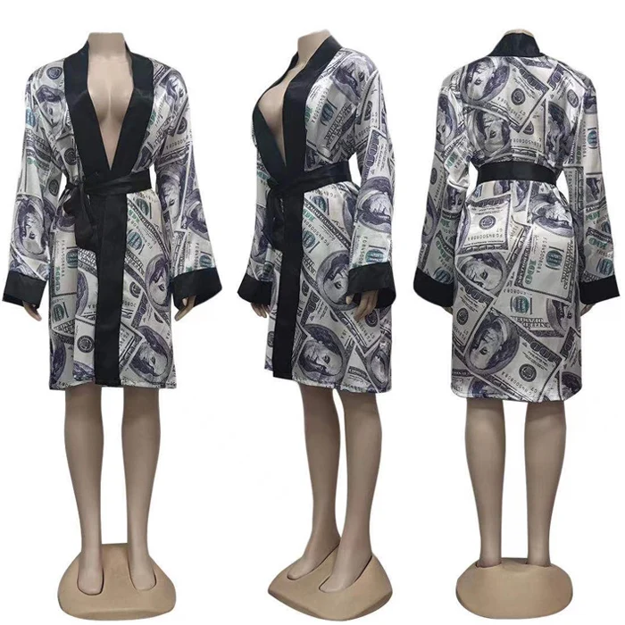 Designer Sexy Bath Sleepwear Money Robe Dress Satin Silk Printed Dollar Sleeping Robes for Women