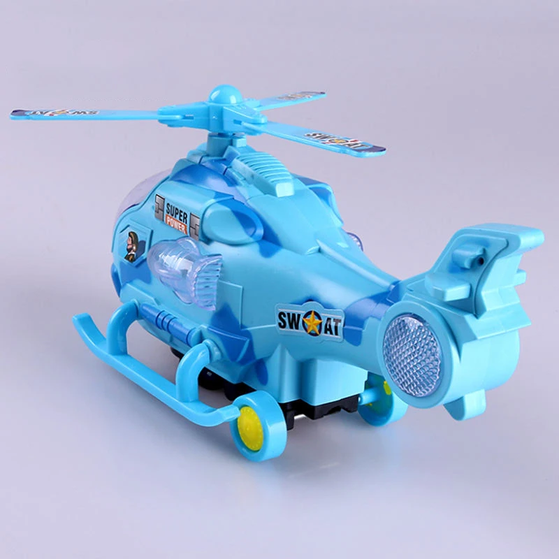 Wholesale battery operated electric rotating propeller plane universal light sound plastic flying small helicopter toy for baby