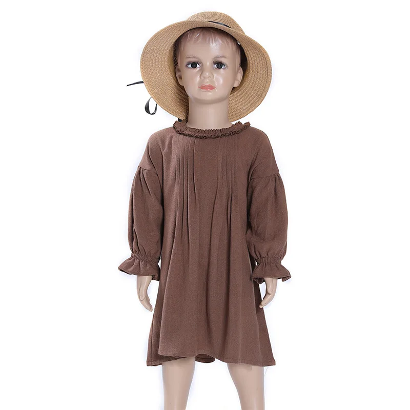 
 Australia Quality INS Kids Girls Dresses Spring Autumn Long Sleeve Ruffles Collar Organic Linen Cotton Dress for Children Girls  