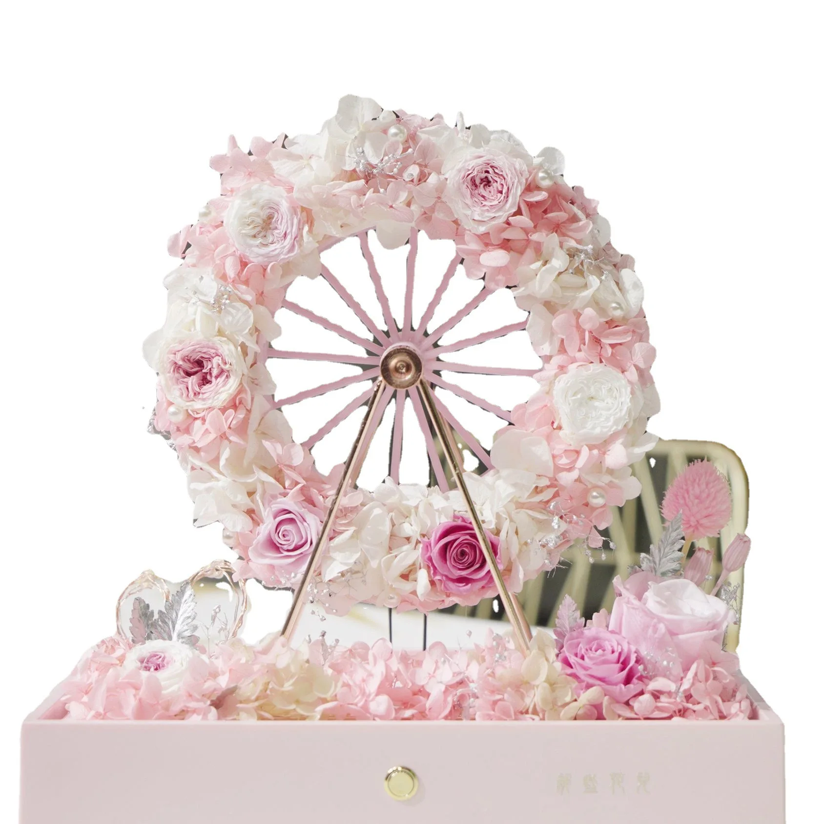 High quality Preserved flowers pink roses Ferris wheel for home ornament decorations