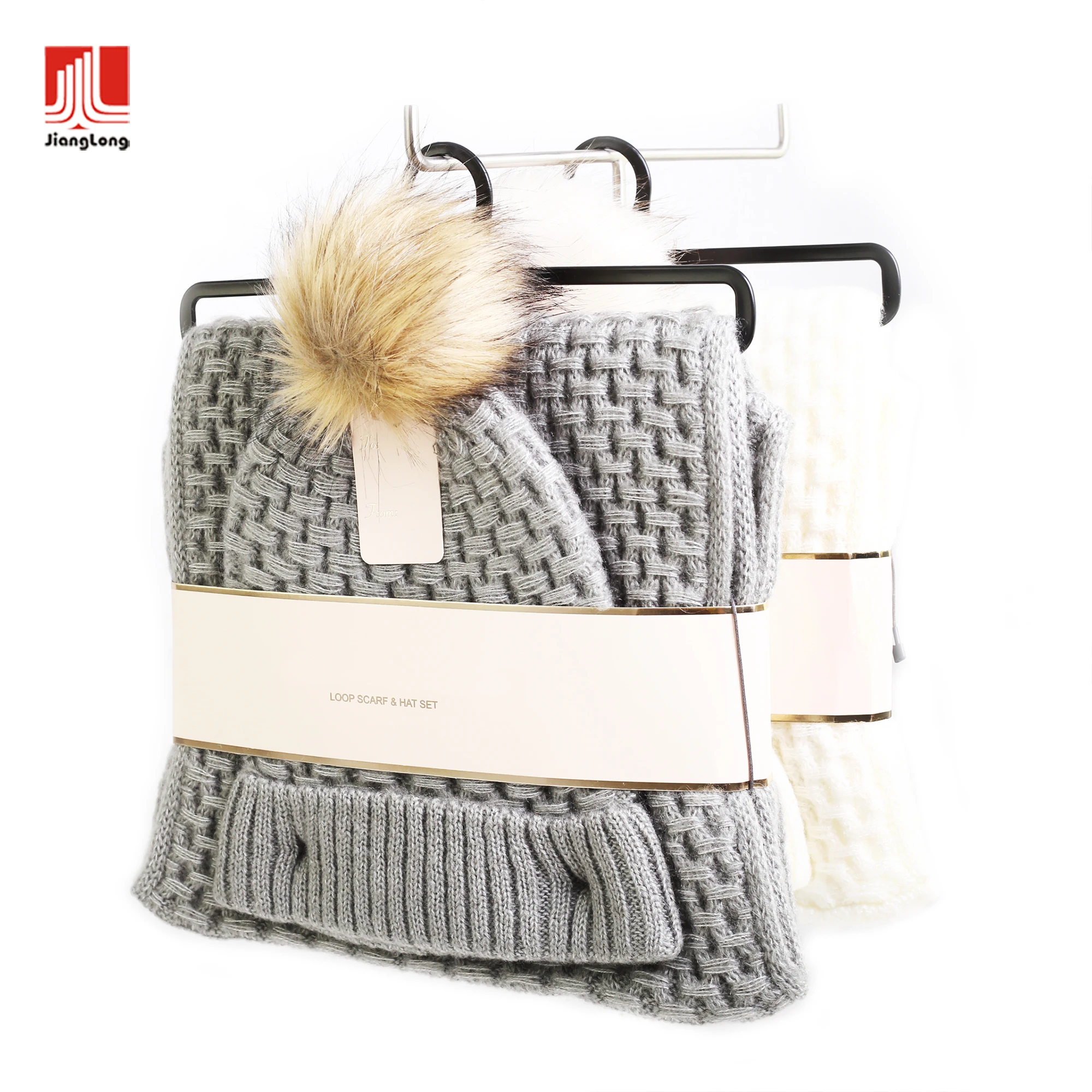 Fuzzy warm solid basket knits winter beanie hats and loop scarf set with bellyband packing
