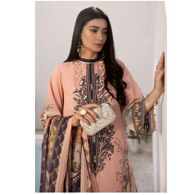 
Mughal Inspired Motifs Luxury Shamoze Silk 3 Piece Unstitched Dress For Sale In Tea Pink Color 