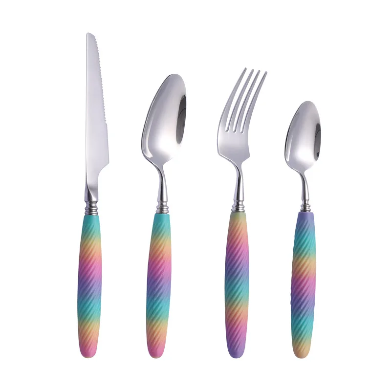 Factory Wholesale rainbow handle 4pcs Knife Fork Spoon 18/10 Flatware Set 304 Stainless Steel Cutlery Set