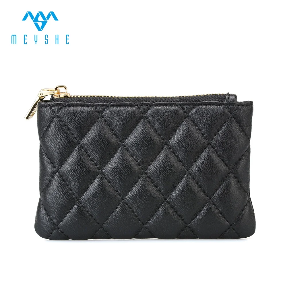 Hot Sale High Quality  Black Genuine Leather Fashion Money Wallet Zipper Coin Purse with lanyard for kids & women