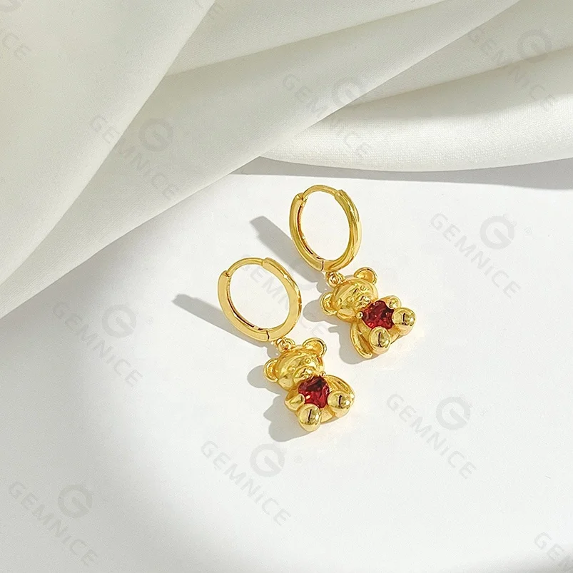 Gemnel 925 silver cute hypoallergenic bear pendant jewelry charm girls huggies red heart earrings