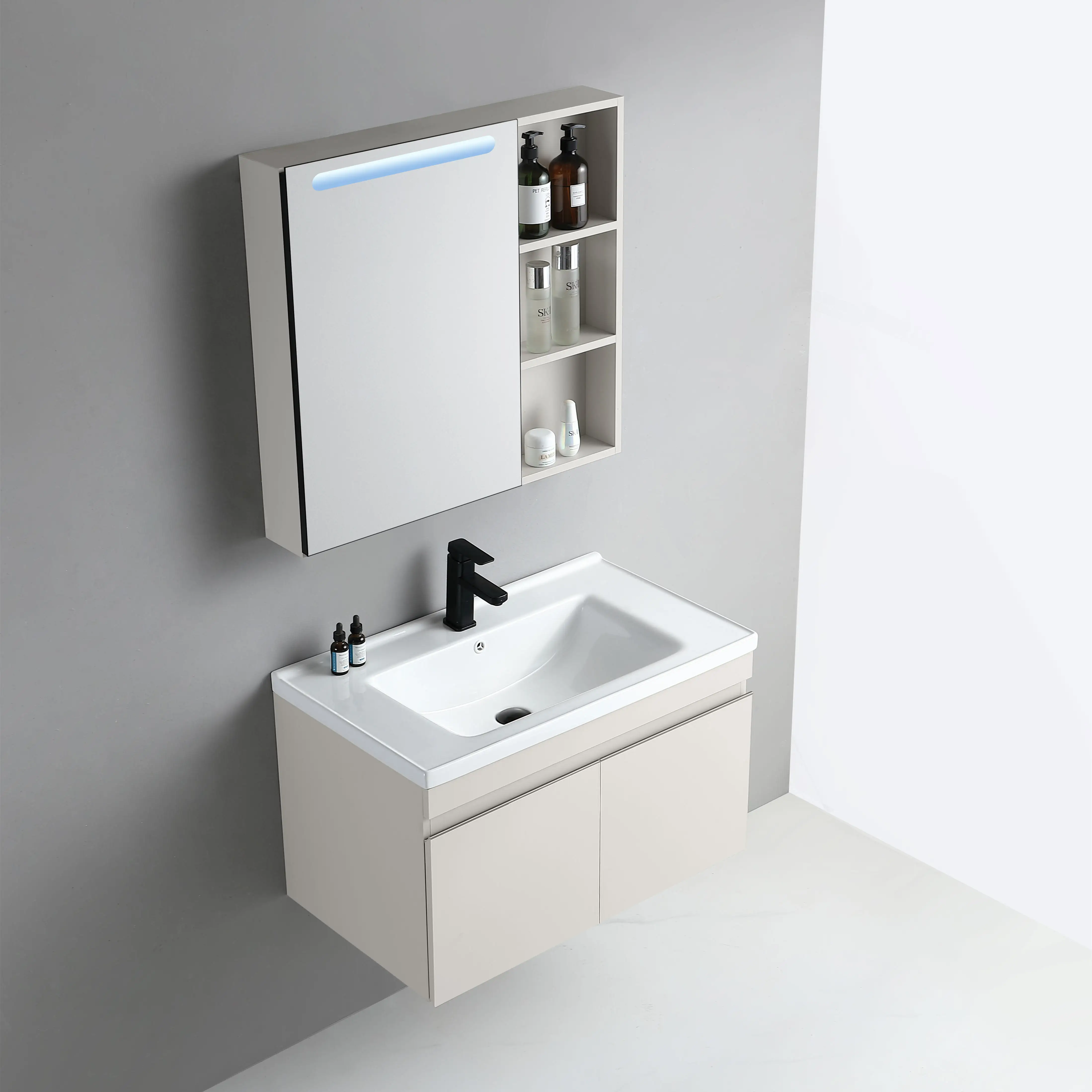 32 inch Waterproof Bathroom Vanities and Mirror with Ceramic Sink 80cm Wall Hanging PVC Cabinets