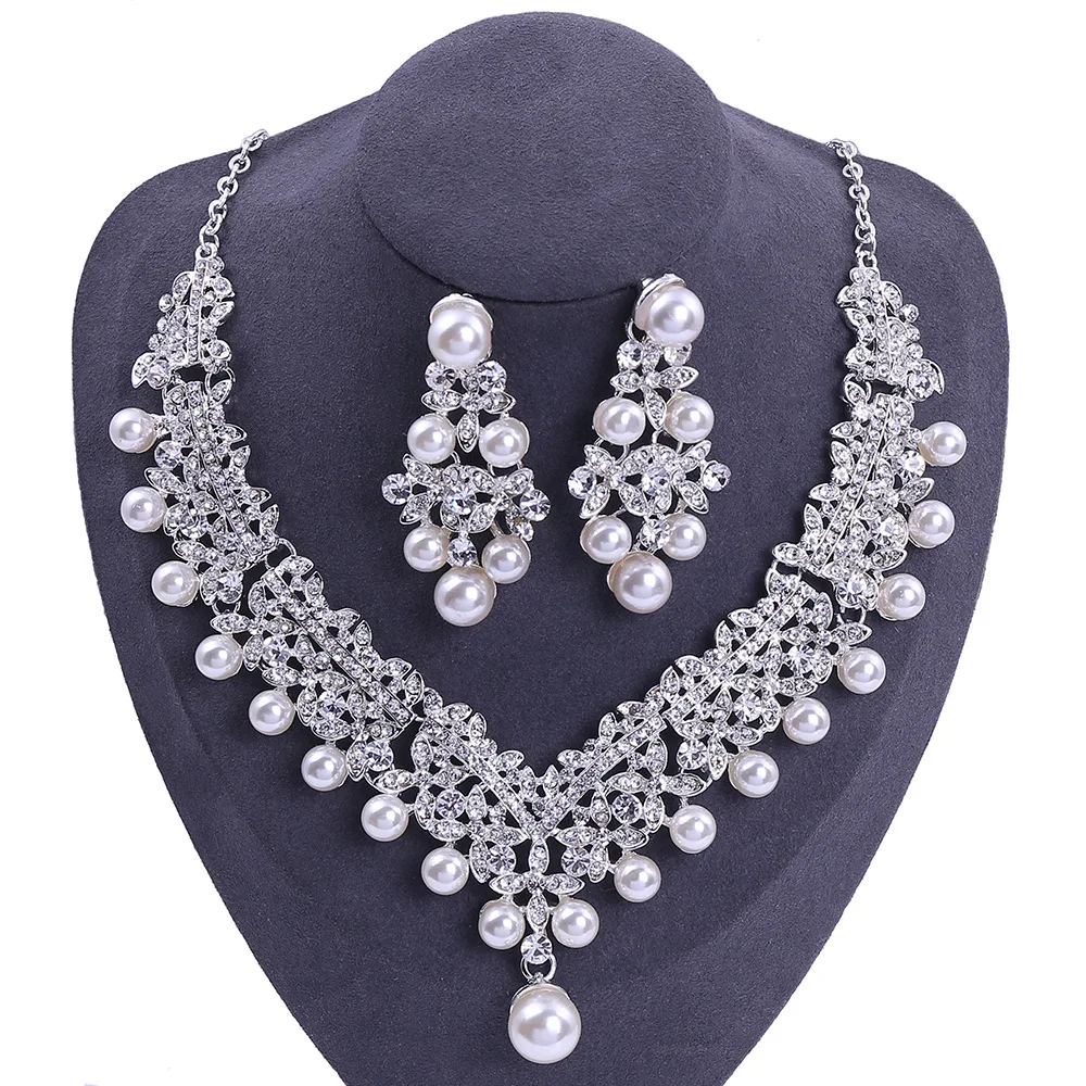 New Bridal Hair Accessories Ladies Tiara Wedding Pearl Rhinestone Crown Necklace Earrings Set
