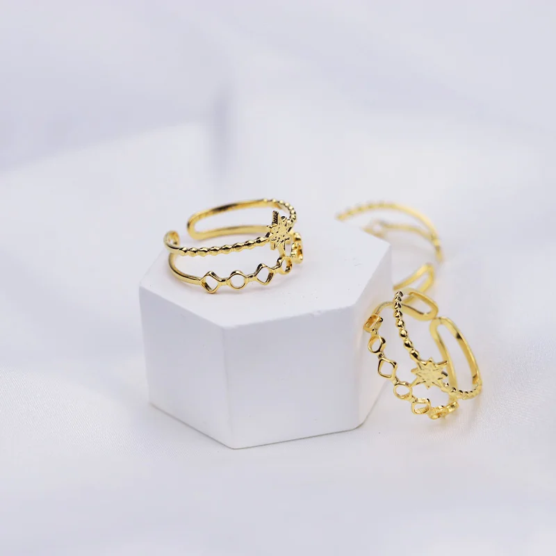 New Fashion Customized Jewelry 18K Gold Plated Stainless Steel Double Layer Finger Ring For Women