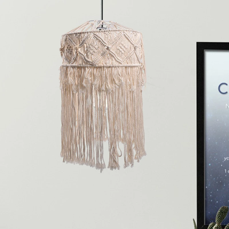 Elegant Macrame Material Handmade Woven Lampshade Vintage Boho Hanging Lamp Shades Cover For Home Decoration Pendant Light