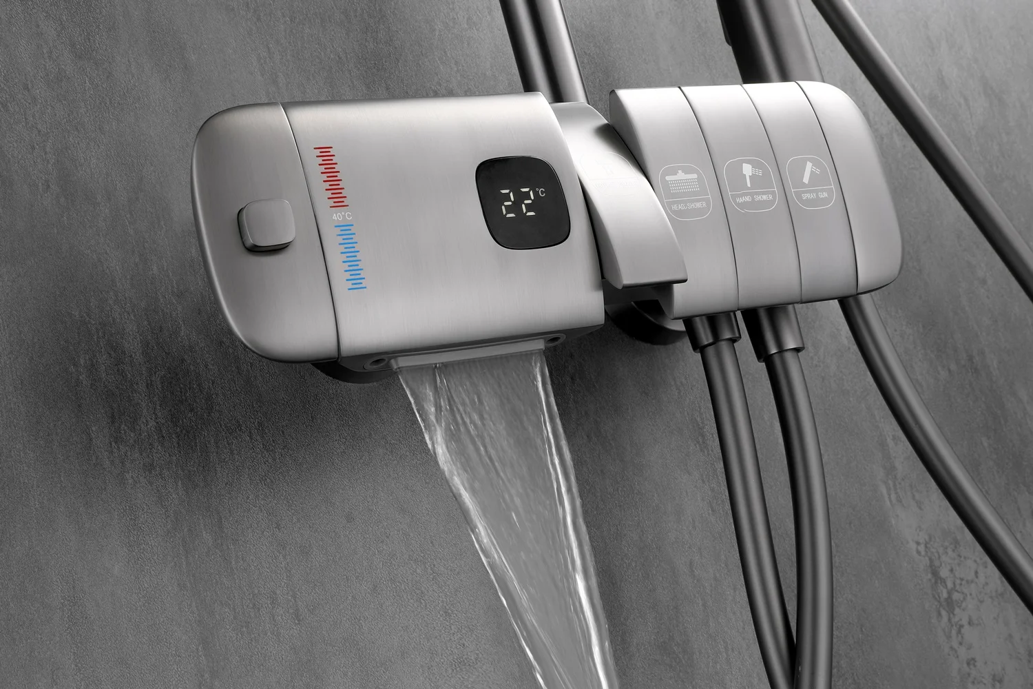 Hot sales piano style new design push button control 4 functions gun metal grey shower set with temperature show