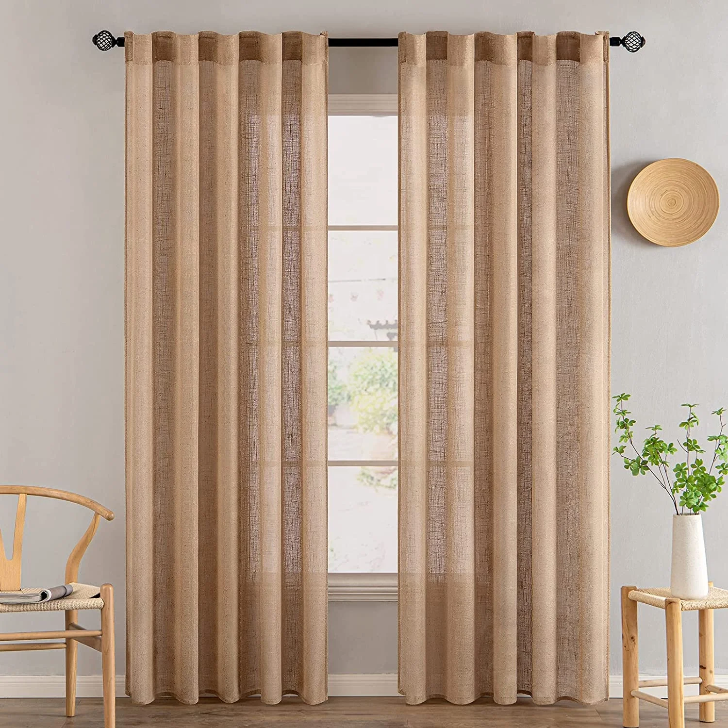 Natural Jute Curtain Burlap Drapes Panel 2 Pieces Set Backdrop for Living Room