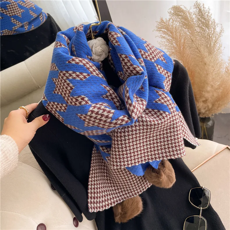2022 Korean Winter Girls Ladies Scarves With Faux Fur Pom Pom Warm Pashmina Wraps Double Sided Cashmere Shawls Scarf