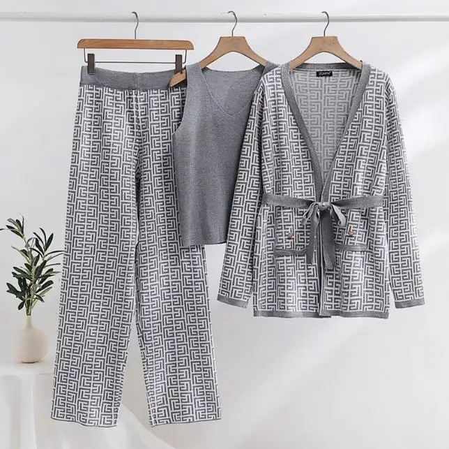 Spring Autumn Set Women Fashion Back Jacquard Coat Vest Knitted Pants Three Piece Suit Ladies 3 Pieces Knitting Set