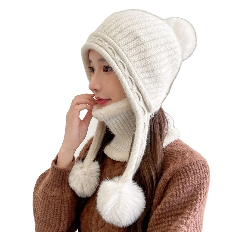 Female autumn winter hats warm big wool ball knit hat lovely plush bib ear protection earflap hat set