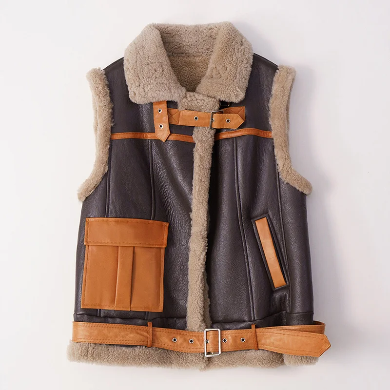 2022 New Genuine Sheepskin Sleeveless Women Waistcoat Lamb Fur Motorcycle Leather Vest
