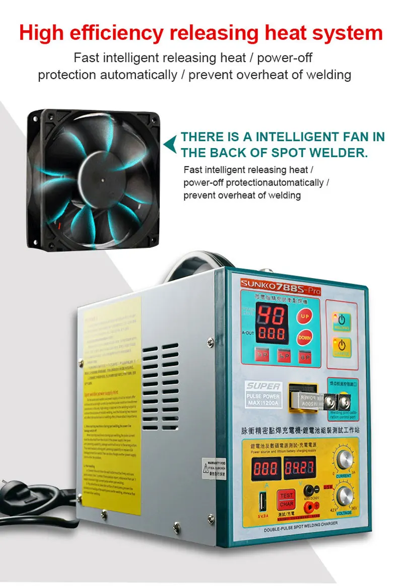 SUNKKO 3.2KW 788S-PRO Battery Spot Welder 0.05-0.35mm with 36V2A Charging and Test 70BN Pen Battery Pack Welding Machine