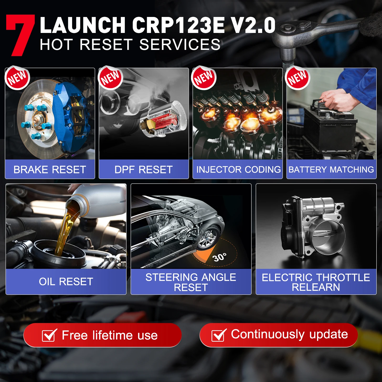 Launch CRP123E V2.0 Four System Automotive Diagnostic Tool with 7 Resets Lifetime Free OBD2 Scanner