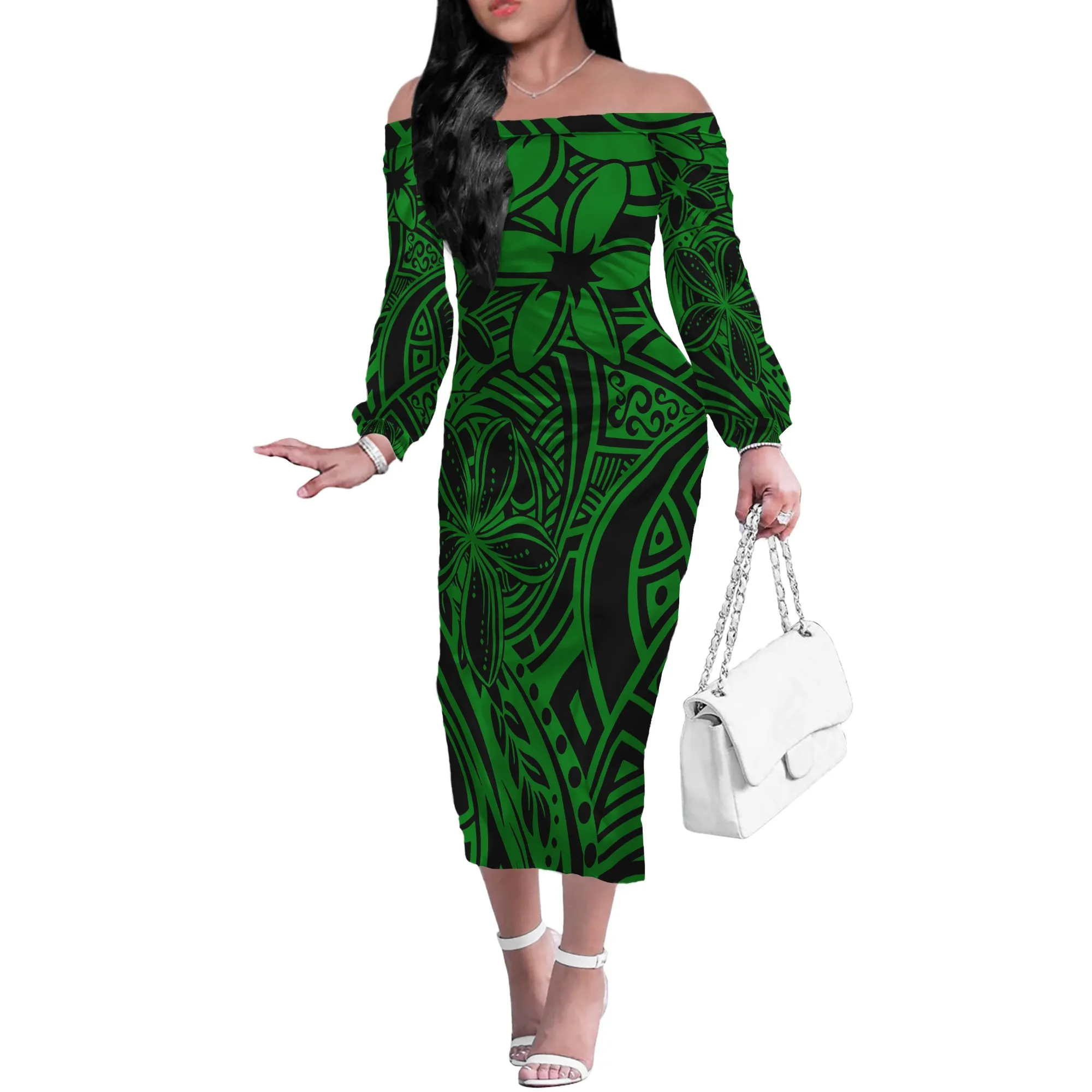 New Fashion Women Long Sleeve Off Shoulder Dresses Green Polynesian Tattoo Casual Dresses Pencil Party Evening Long Dress