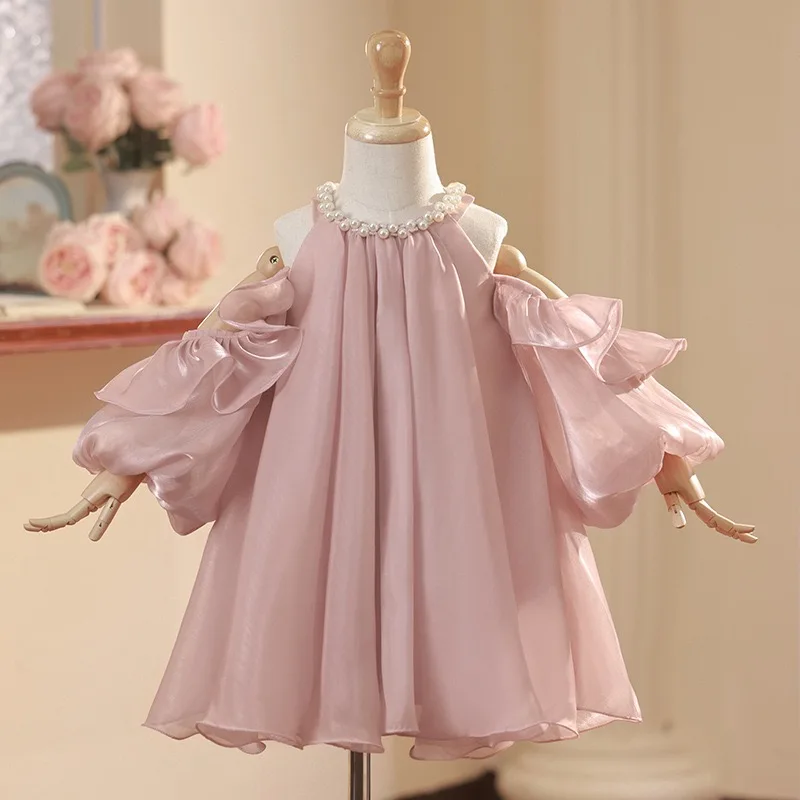 Nimble Pink Off-shoulder Beaded Tulle Flower Girls Wedding Dresses Toddler Kids Pageant Party Gown Children Casual Clothing