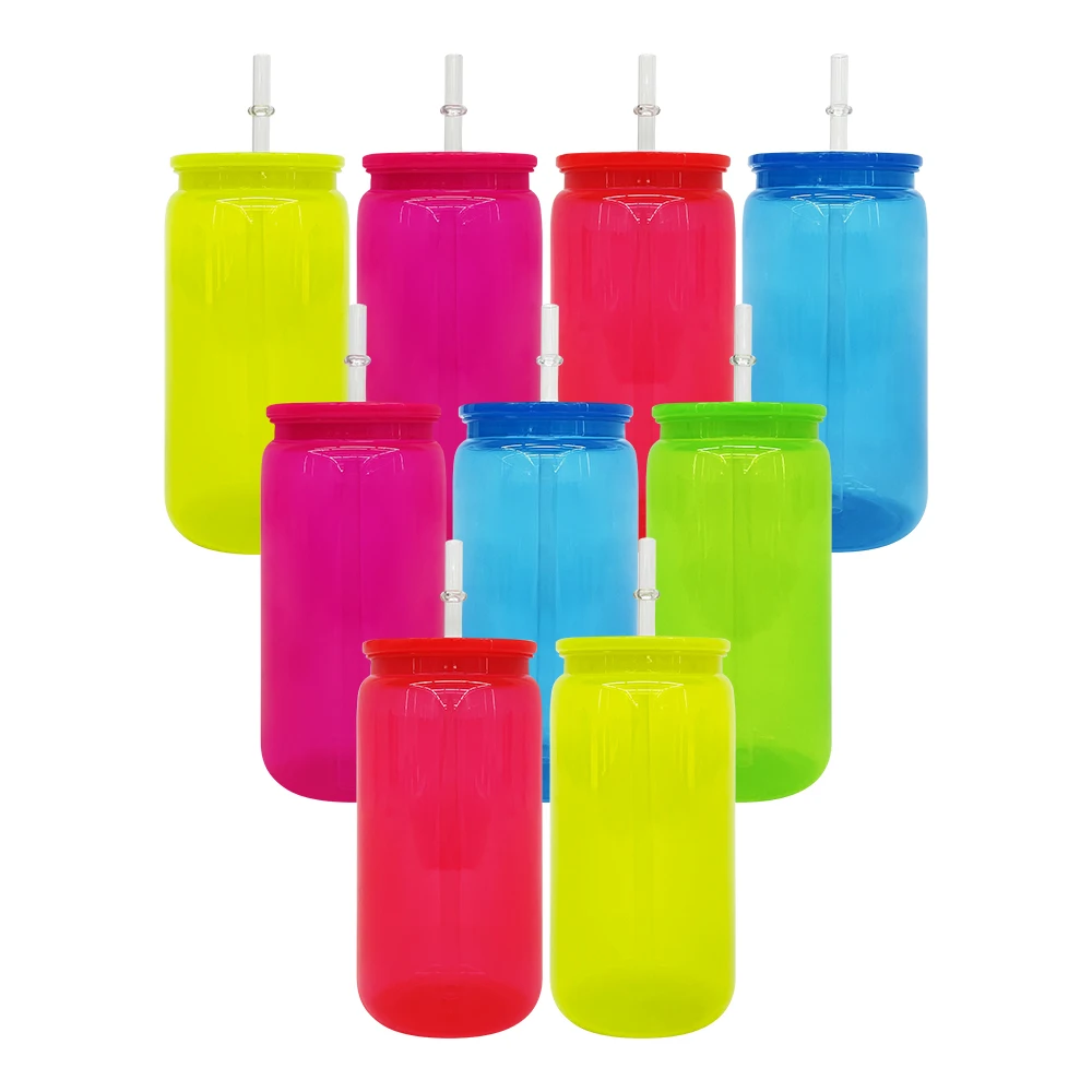 US warehouse Unbreakable clear transparent neon cold drink beer mug 16oz plastic acrylic can with straw for UV DTF transfer wrap