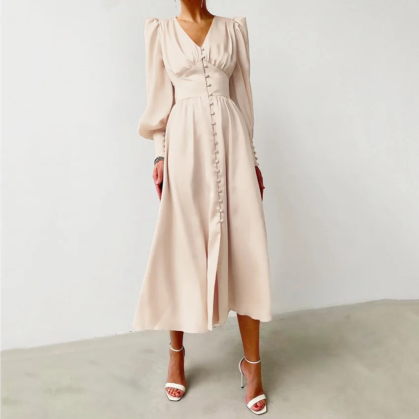 2022 fashion  European and American elegant satin women dress lantern long sleeve v-neck waisted slim midi dress