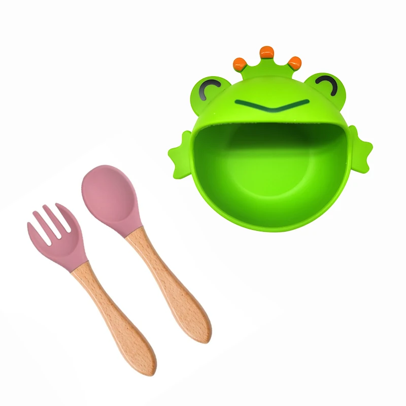 2024 Newest Animal Food Grade Silicone Safely Suction Bowls Baby with BPA Free Silicone Wooden Handle Spoon Fork Set