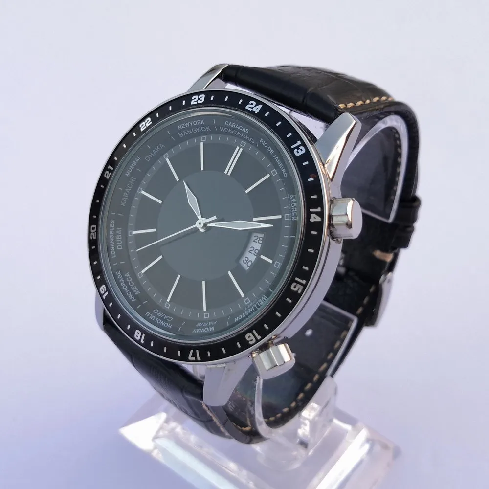 
Customizable quartz movement watch leather strap stainless steel case water resist world time feature wrist quartz watch 