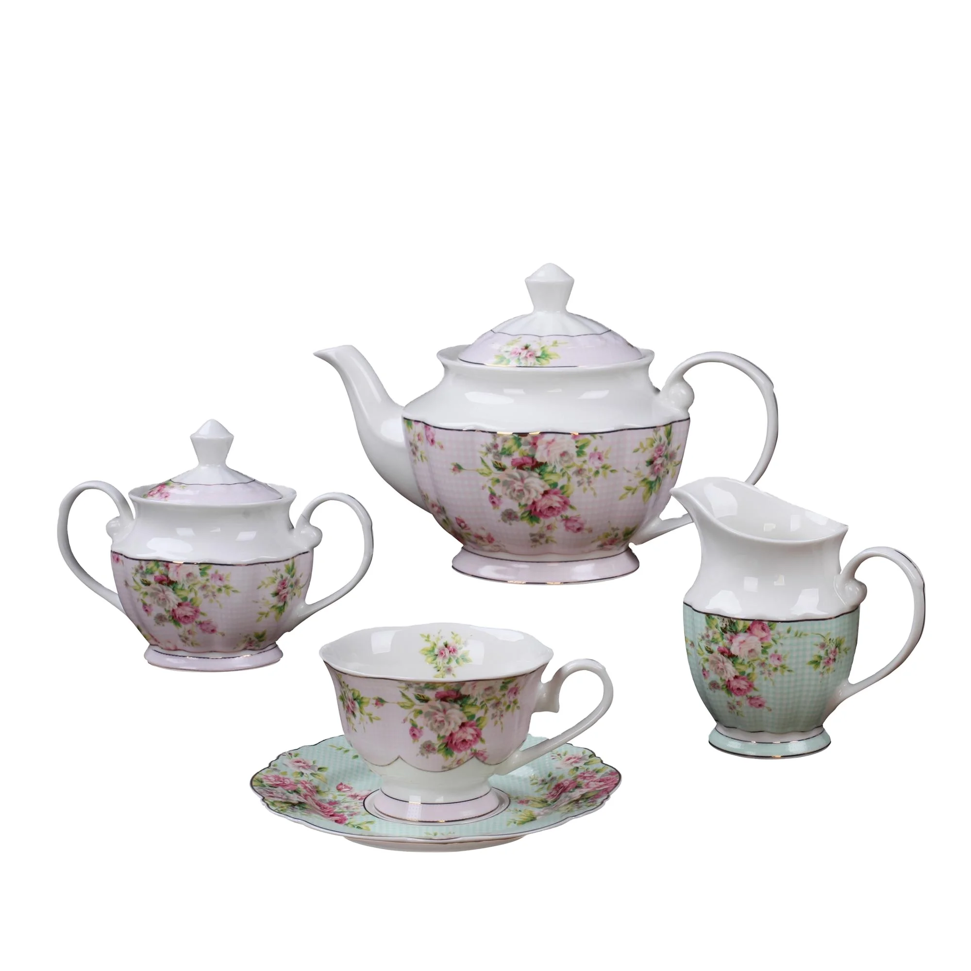 Chineses embossed gold 15pc ceramic porcelain tea cup and saucer set