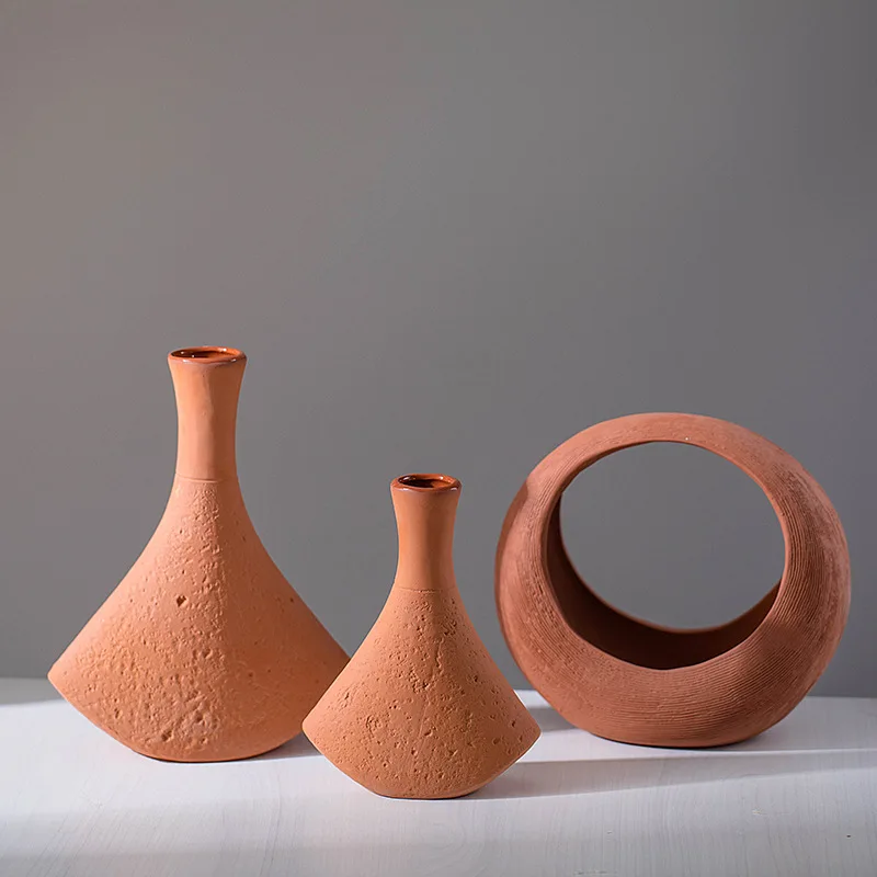 New Red Clay Ceramic Vase Creative Hydroponic Dried Flower Basket Living Room European Home Decoration Ornaments Terracotta Vase