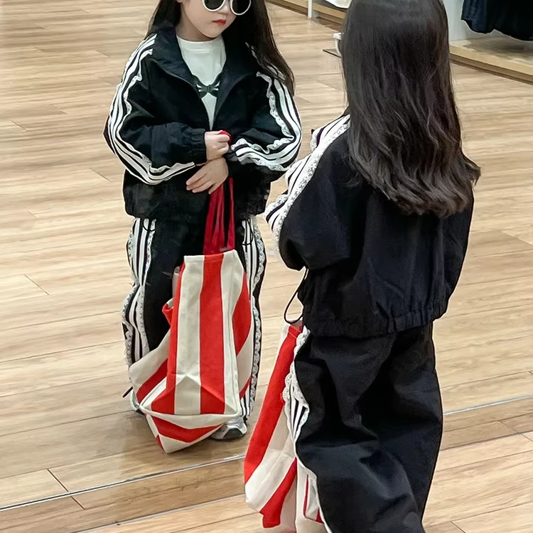 2024 New Fashion Toddler Children Girl Fall Clothing Set  Black Jacket + Joggers White Side Striped Sweatsuit Set 2-8 Years