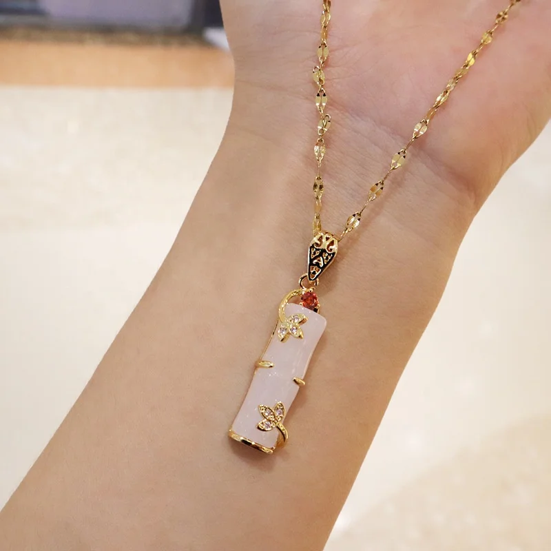 New Arrival Real Gold Plated Stainless Steel Necklace Long Bamboo Shape Pink Natural Jade Pendant Necklace For Women