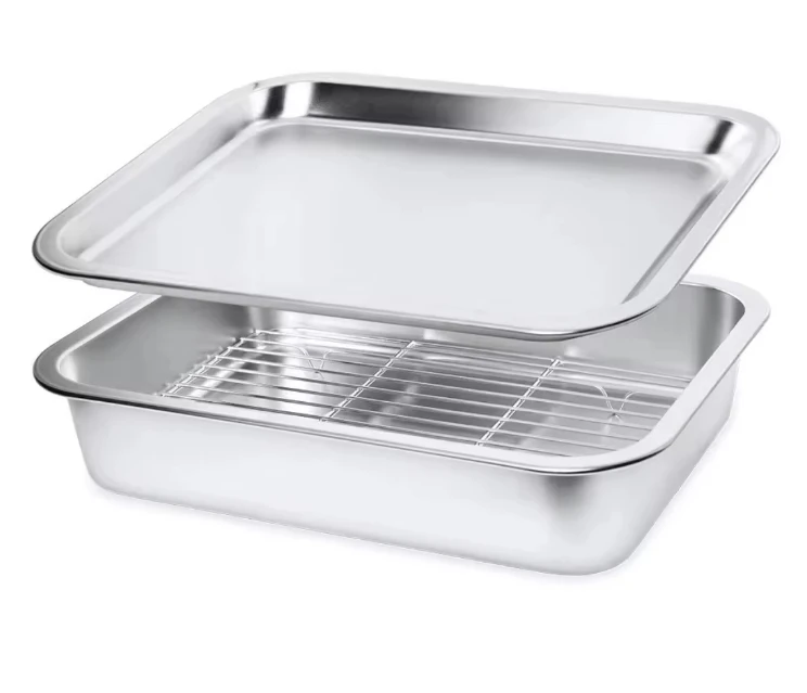 201 Stainless Steel Multifunctional Kitchen Bakeware Roasting Baking Pan with Rack Vat Stackable Various Size Tray Set Food Use