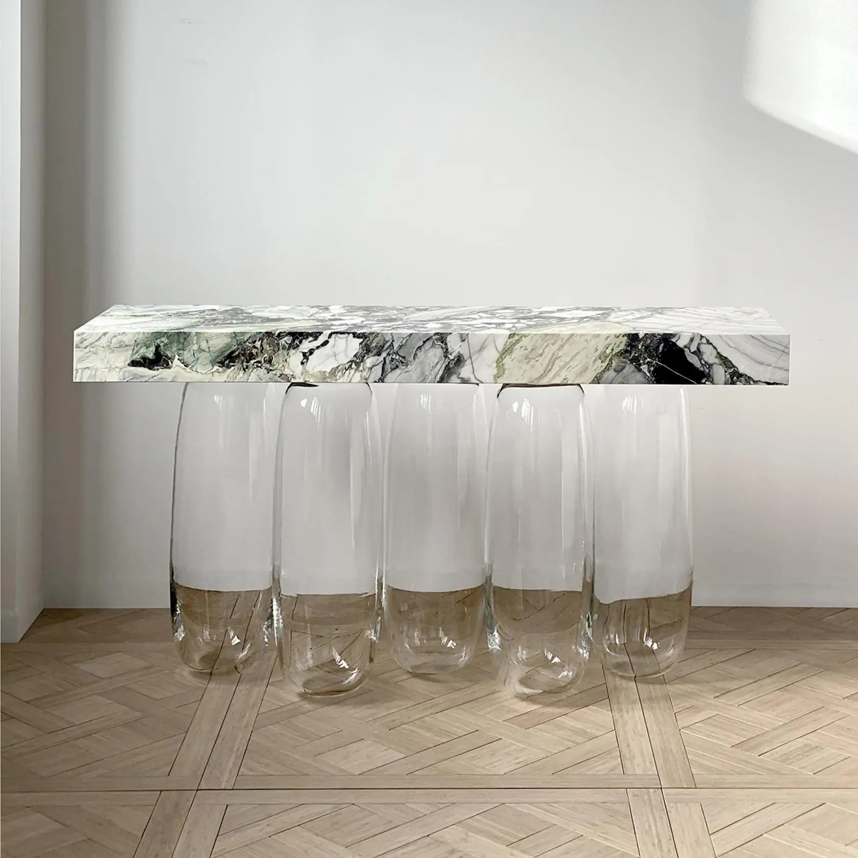 SHIHUI Customized Design Modern Nordic Living Room Furniture Antique Rectangle Long Table Glass Base Marble Top Console Table