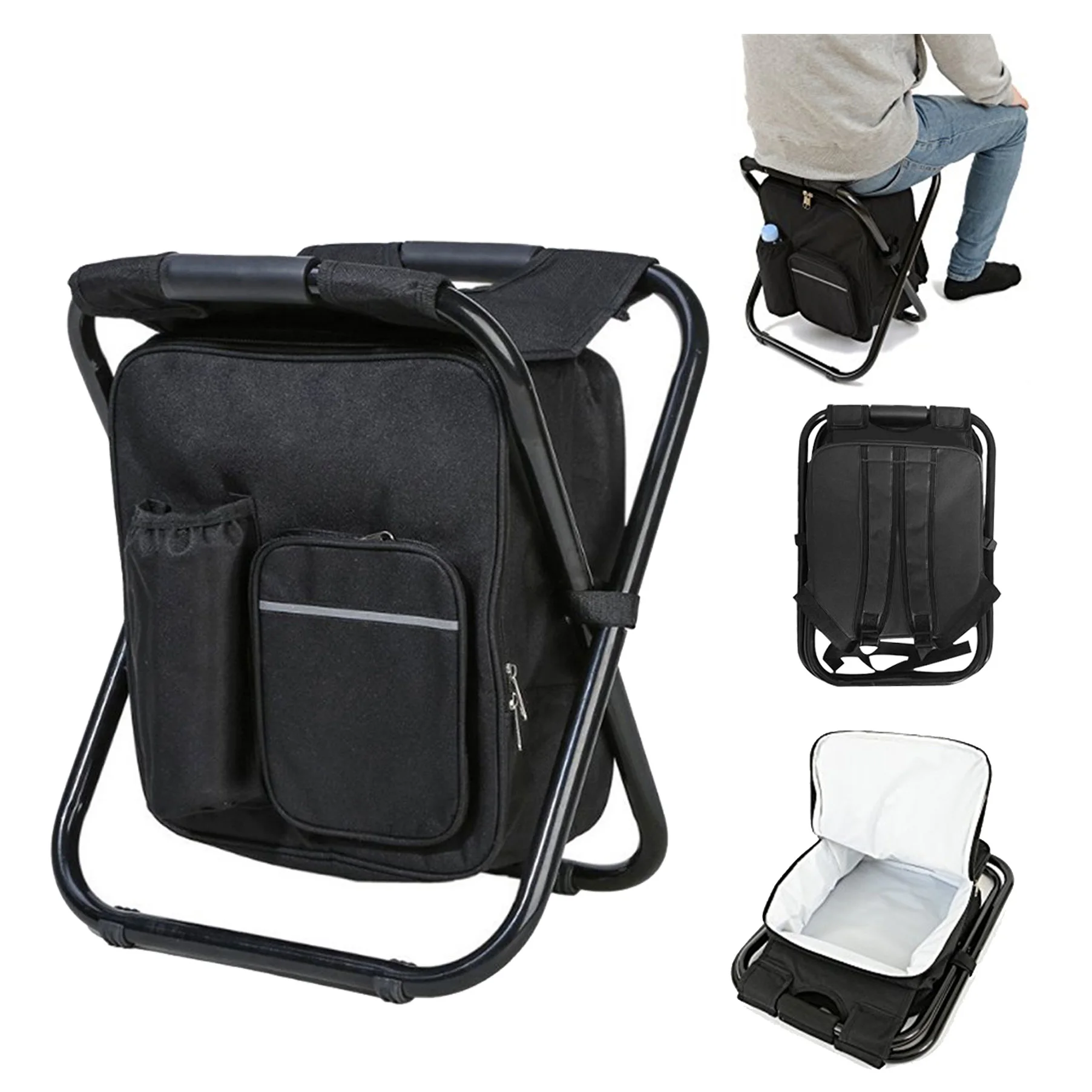 Portable stable fabric seat 18L insulated picnic cooler bag combined shoulder strap carried black frabic folding backpack chairs