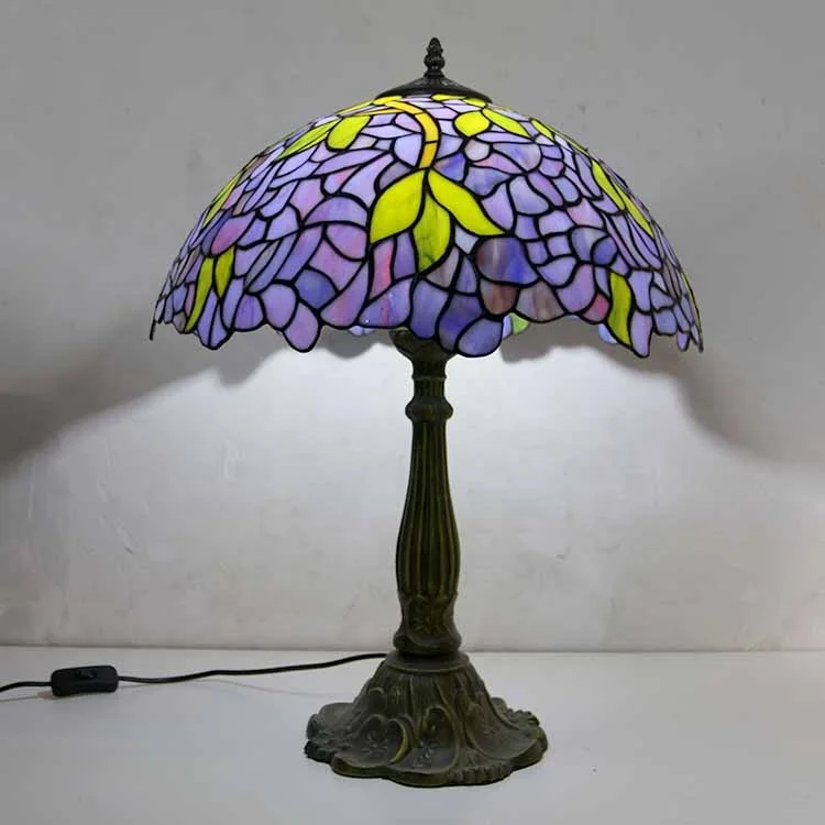 LongHuiJing Wisteria Stained Glass Lampshade Tiffany Table Lamps Antique Art Style Desk Lamp With Lotus Metal Base