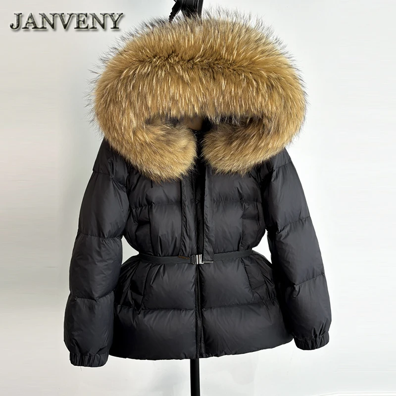 JANVENY Winter Big Real Raccoon Fur Hooded Fluffy Puffer Coat Women Thick Warm Short 90% White Duck Down Jacket Waterproof Parka