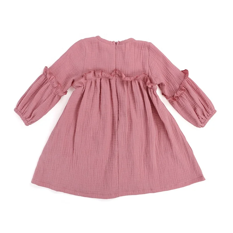 2024 Wholesale long sleeve solid linen children frocks designs girls kids dresses