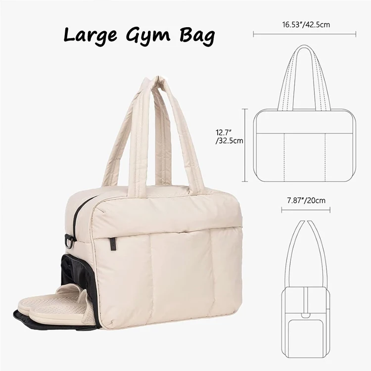 Travel Duffel Puffer Tote Bag Quilted Cotton Gym Bag Women Carry on Light Winter Padded Shoulder Bag with Shoe Compartment