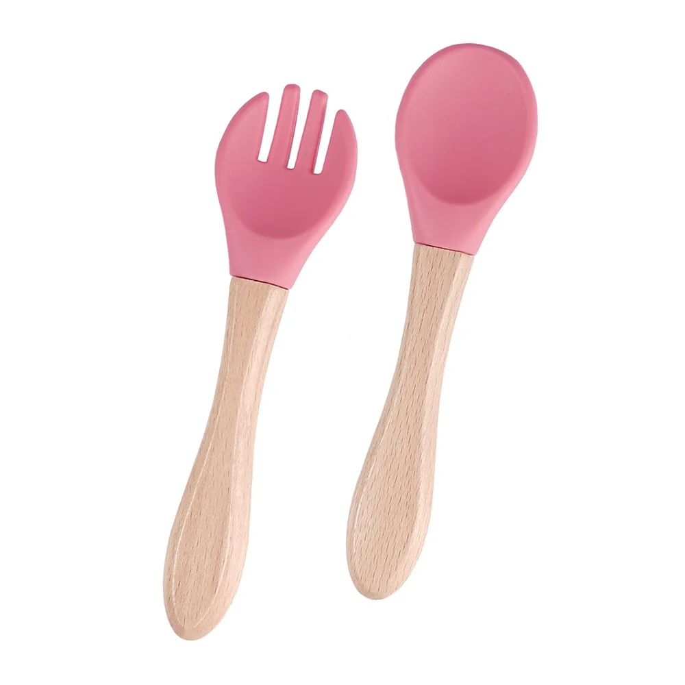 RTS Platinum Silicone Baby Fork Spoon Set Ready Stock Feeding Training Utensils Wooden Handle BPA Free Anti-Scalding Solid