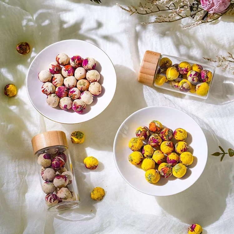 OEM Private logo 2g flower tea handmade gift glass bottle package dried mixed rose jasmine flowers lily blooming ball tea