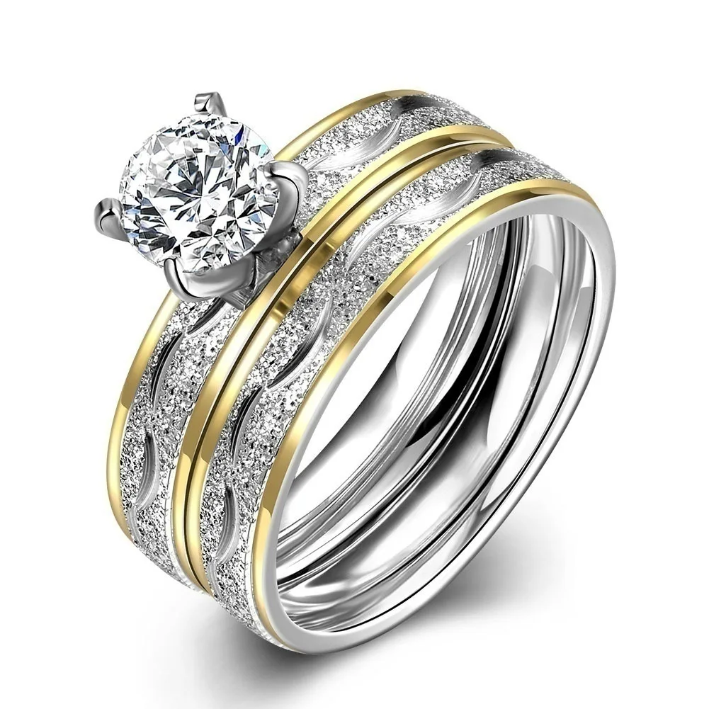Titanium Steel Tarnish Free Silver Gold Two Tone Couple Ring Bride Engagement Stainless Steel Wedding Rings for Couples set