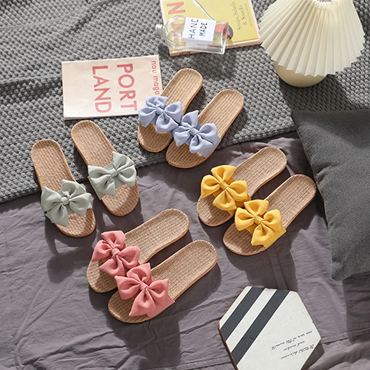 New Design Summer Cool Lovely Bow Spinning Breathable Outdoor Beach Flax Linen Slippers Wholesale