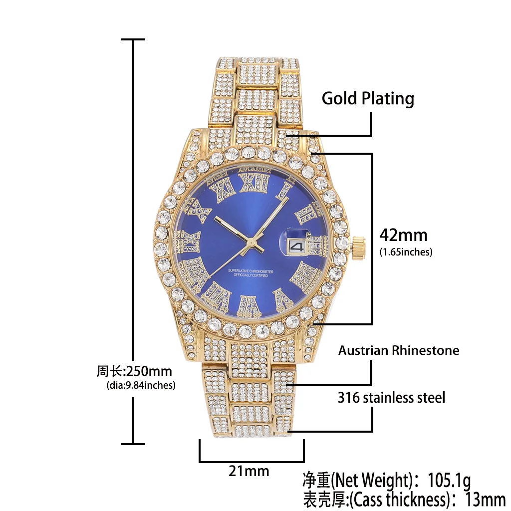 Watch bling diamanty z nerezove oceli rimske cislice 44MM kulaty cifernik quartz hodinky