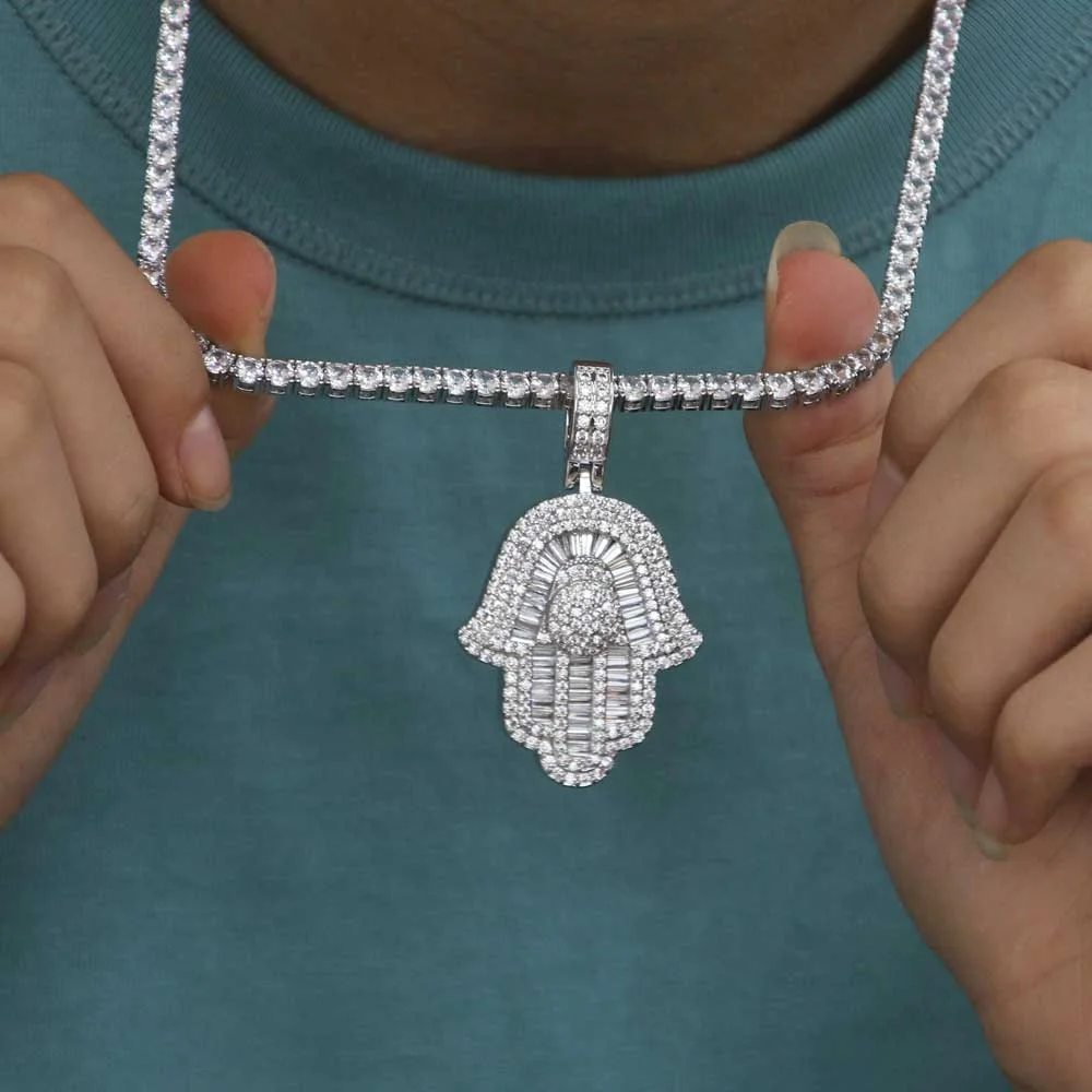 Baguette Hamsa Hand Pendant hip hop jewelry white Gold