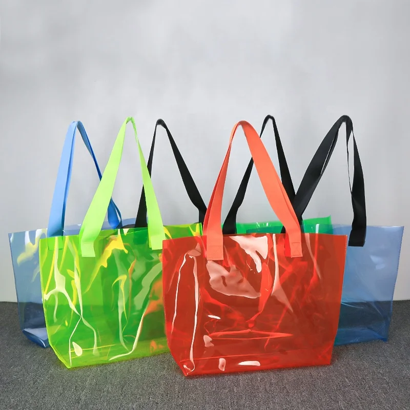 Custom Logo Women Fashion Colorful Holographic Plastic PVC Clear Tote Shopping Bag For Clothes
