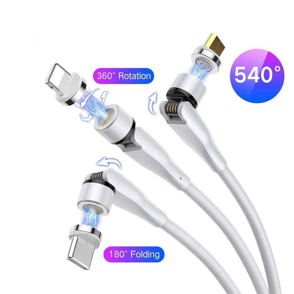  Лидер продаж usb-кабель 3 в 1 с поворотом на 540 градусов Micro/8pin/Type C 3A магнитный кабель для быстрой зарядки мобильного